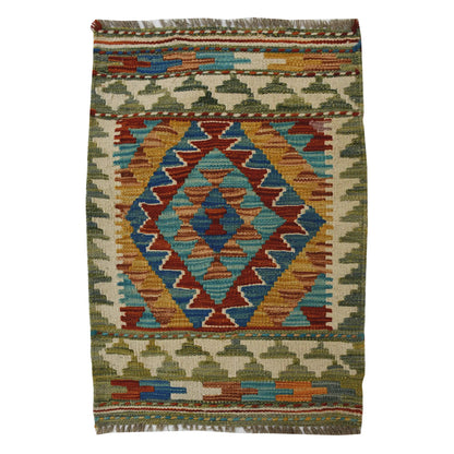 Afghan Chobi Kilim wool rug 83 x 54 cm full view with ivory ground, central diamond medallion and fringe