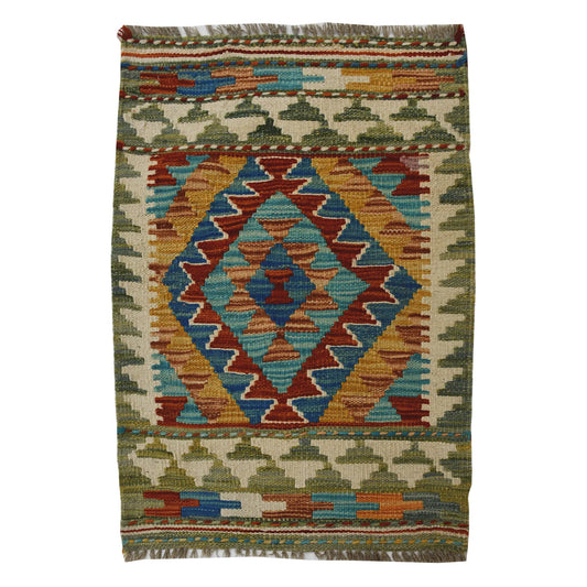 Afghan Chobi Kilim wool rug 83 x 54 cm full view with ivory ground, central diamond medallion and fringe