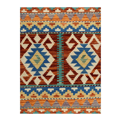 Afghan Chobi Kilim wool rug 83 x 59 cm full view with colourful geometric bands
