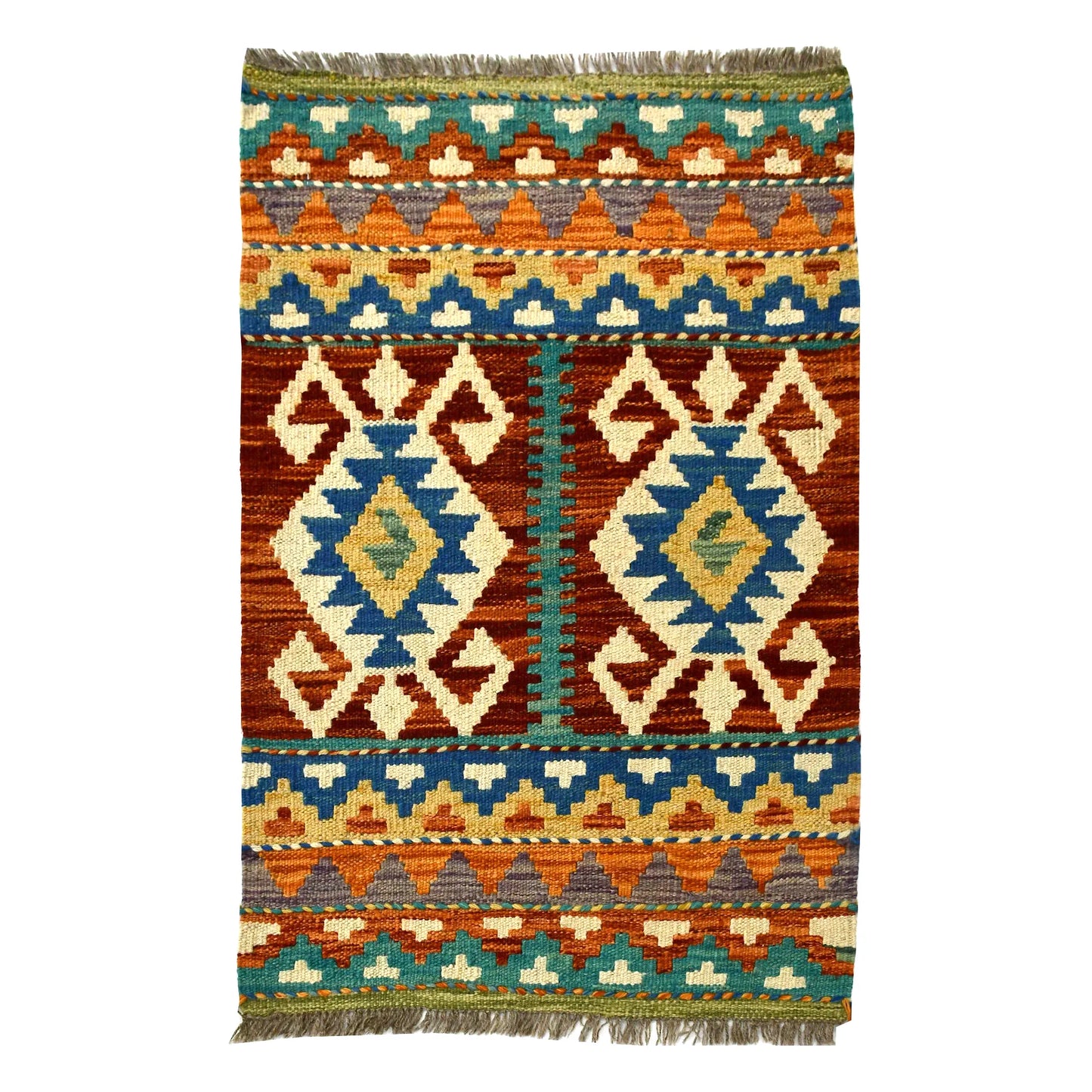 Afghan Chobi Kilim wool rug 83 x 59 cm with twin diamond medallions