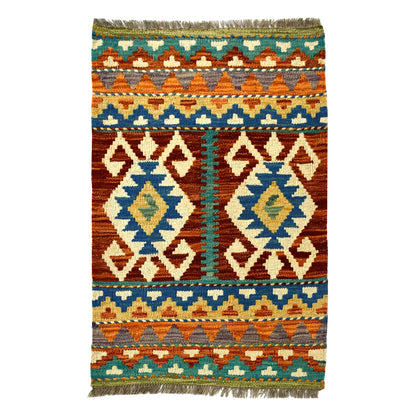 Afghan Chobi Kilim wool rug 83 x 59 cm with twin diamond medallions