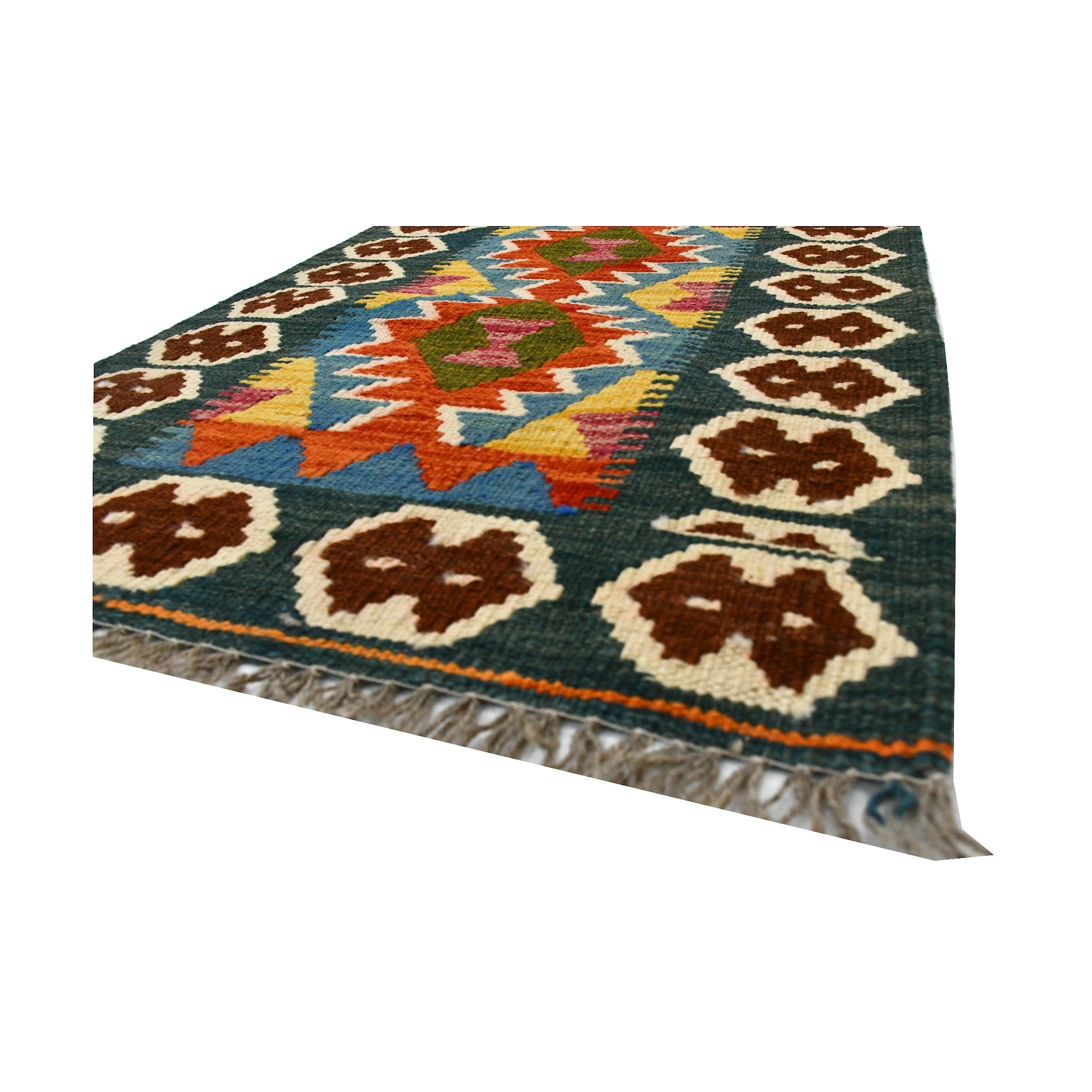Angled fringe and flatweave detail of Afghan Chobi Kilim wool rug showing teal, rust, ivory and dark green geometric pattern