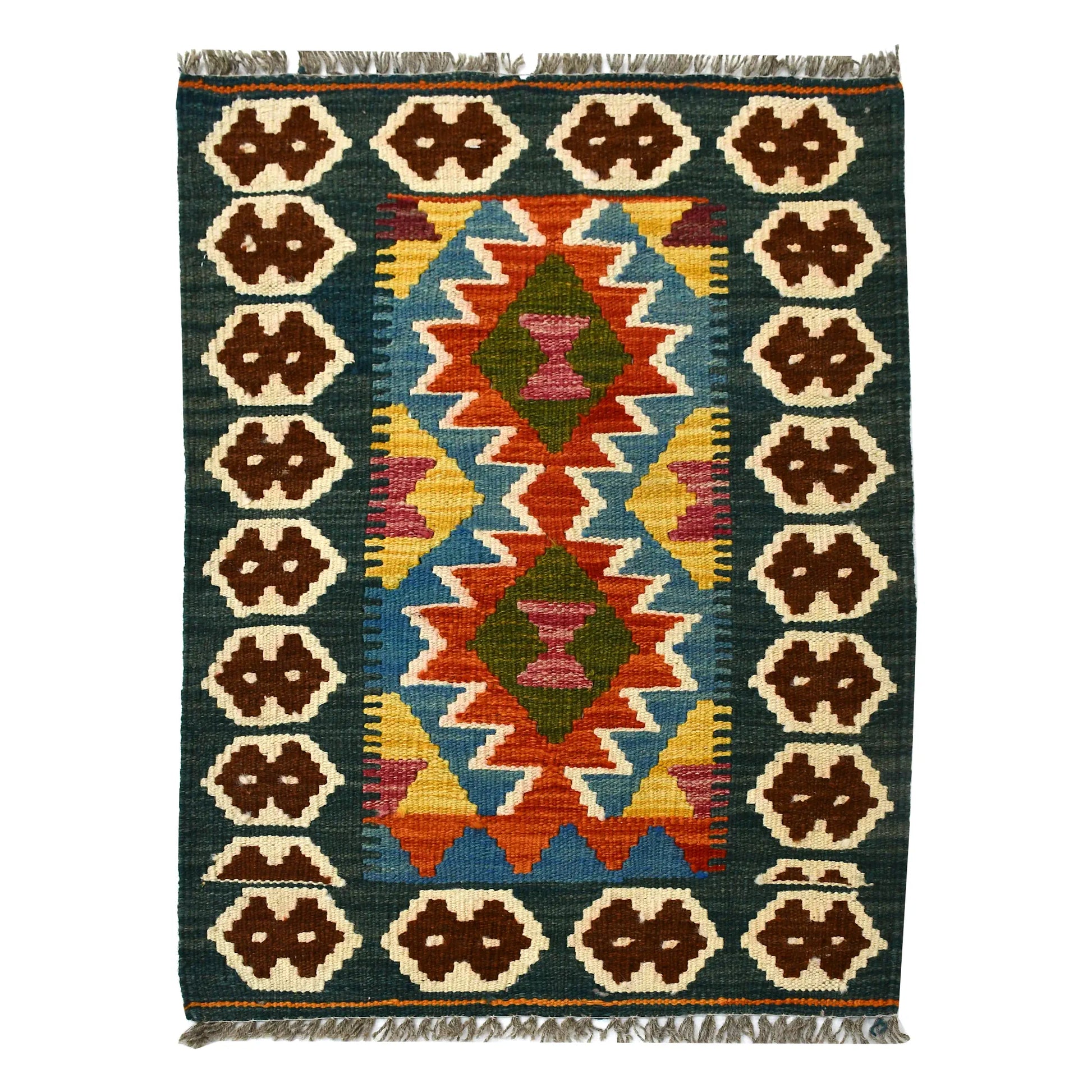 Afghan Chobi Kilim wool rug 84 x 59 cm full view with teal rust double diamond panel, dark green border and fringe
