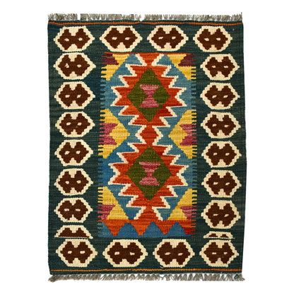 Afghan Chobi Kilim wool rug 84 x 59 cm full view with teal rust double diamond panel, dark green border and fringe