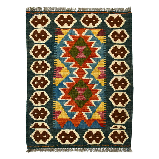 Afghan Chobi Kilim wool rug 84 x 59 cm full view with teal rust double diamond panel, dark green border and fringe