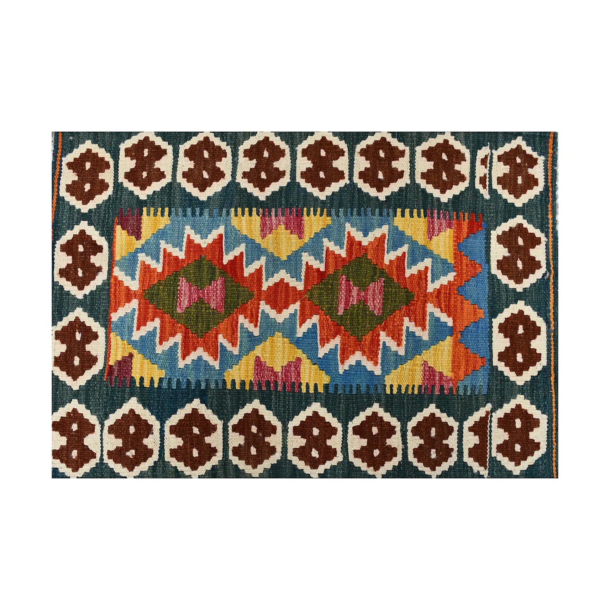 Close-up of Afghan Chobi Kilim wool rug showing teal rust double diamond panel with ivory and brown border motifs