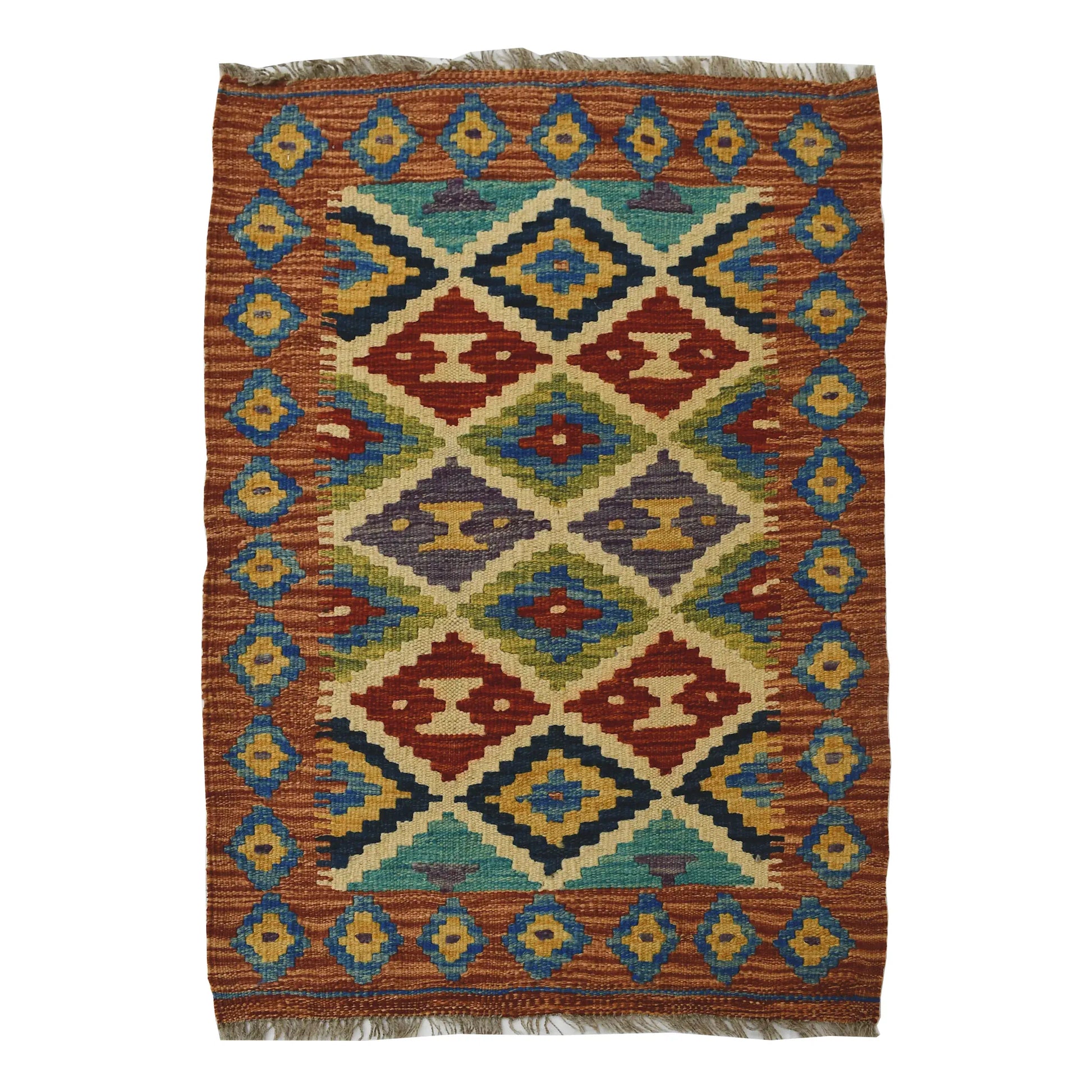 Afghan Chobi Kilim wool rug 85 x 60 cm full view with rust diamond lattice pattern, blue border and fringe