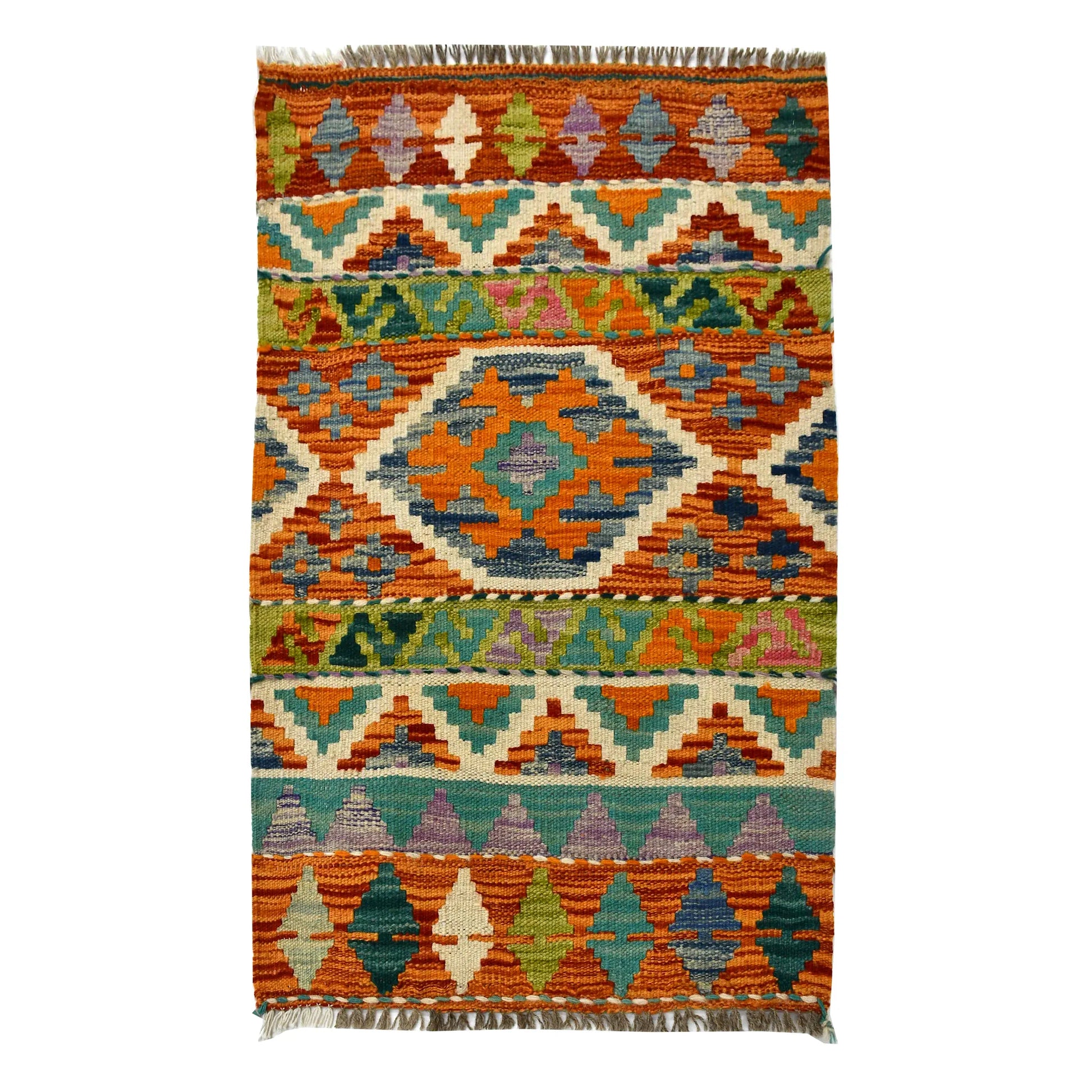 Afghan Chobi Kilim wool rug 86 x 62 cm full view with rust teal mosaic panel, orange ground and fringe