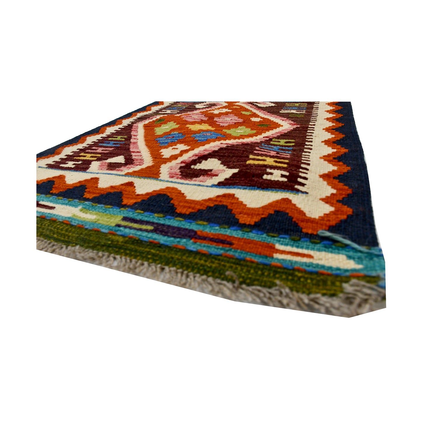 Angled fringe and flatweave detail of Afghan Chobi Kilim wool rug showing rust, ivory, burgundy and teal geometric pattern