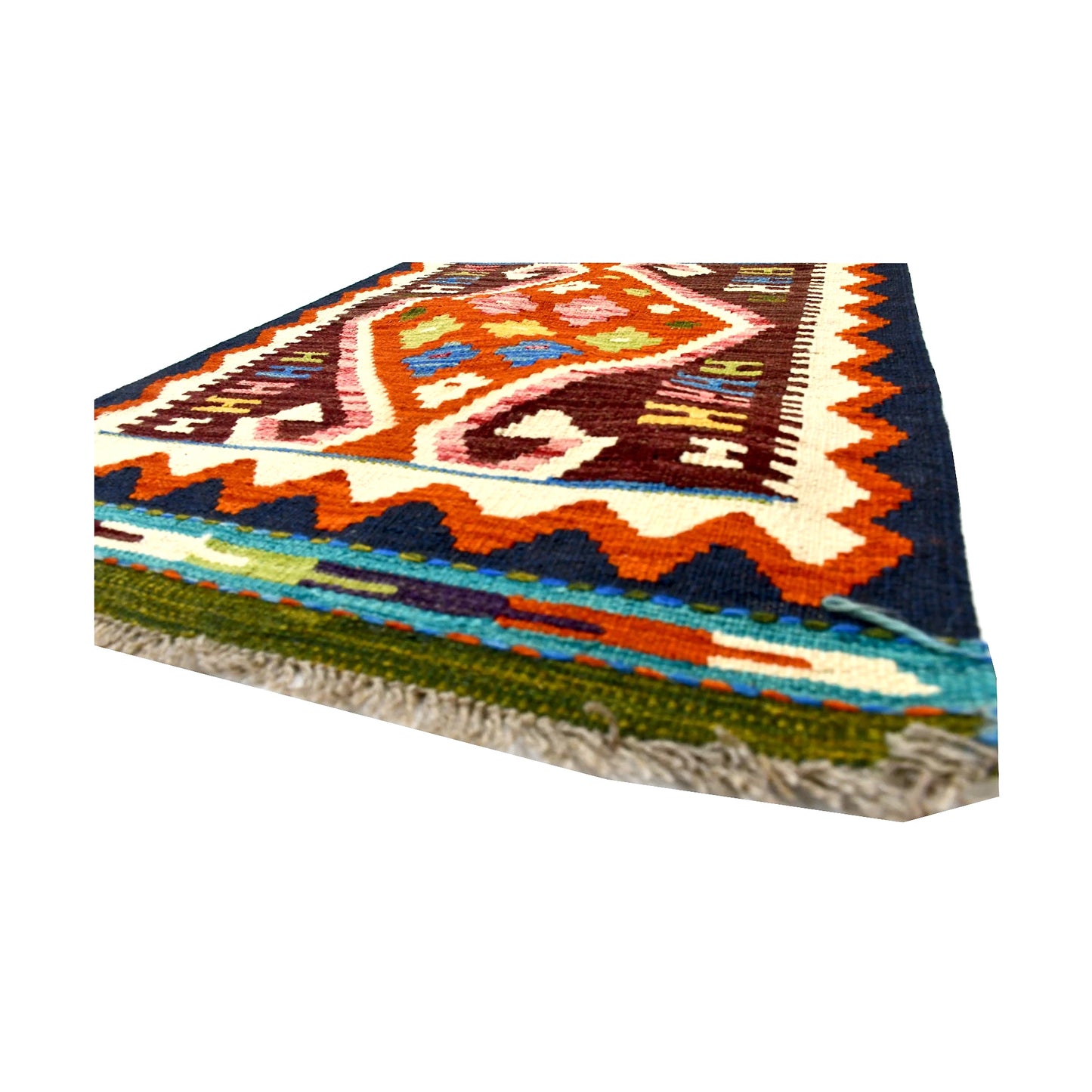 Angled fringe and flatweave detail of Afghan Chobi Kilim wool rug showing rust, ivory, burgundy and teal geometric pattern