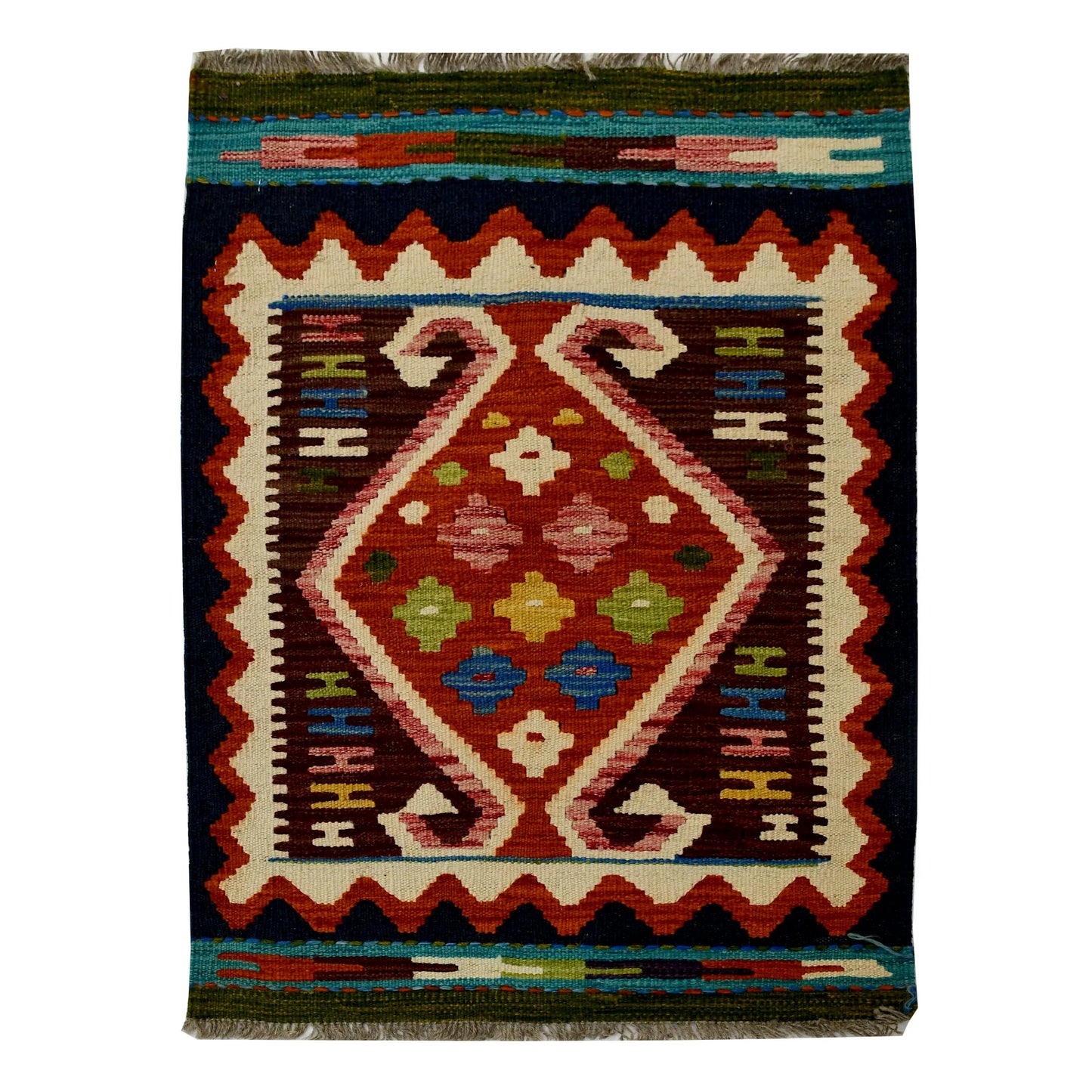 Afghan Chobi Kilim wool rug 87 x 58 cm full view with burgundy frame, rust diamond medallion and fringe