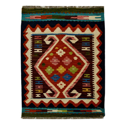 Afghan Chobi Kilim wool rug 87 x 58 cm full view with burgundy frame, rust diamond medallion and fringe