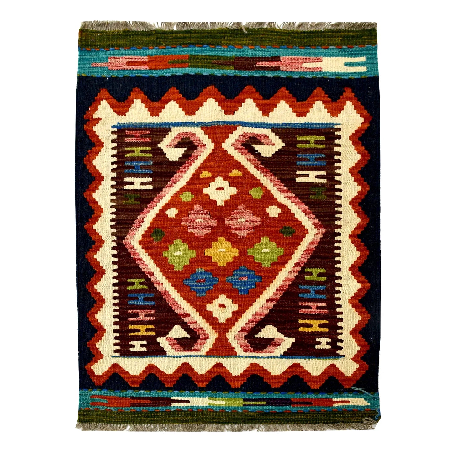 Afghan Chobi Kilim wool rug 87 x 58 cm full view with burgundy frame, rust diamond medallion and fringe