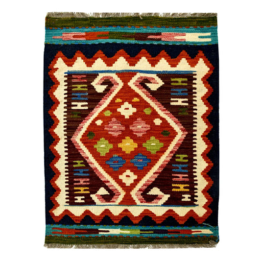 Afghan Chobi Kilim wool rug 87 x 58 cm full view with burgundy frame, rust diamond medallion and fringe
