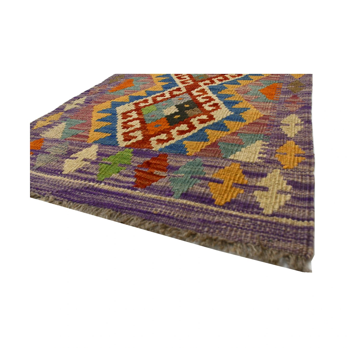 Angled fringe and flatweave detail of Afghan Chobi Kilim wool rug showing mauve, ivory, rust and teal geometric pattern