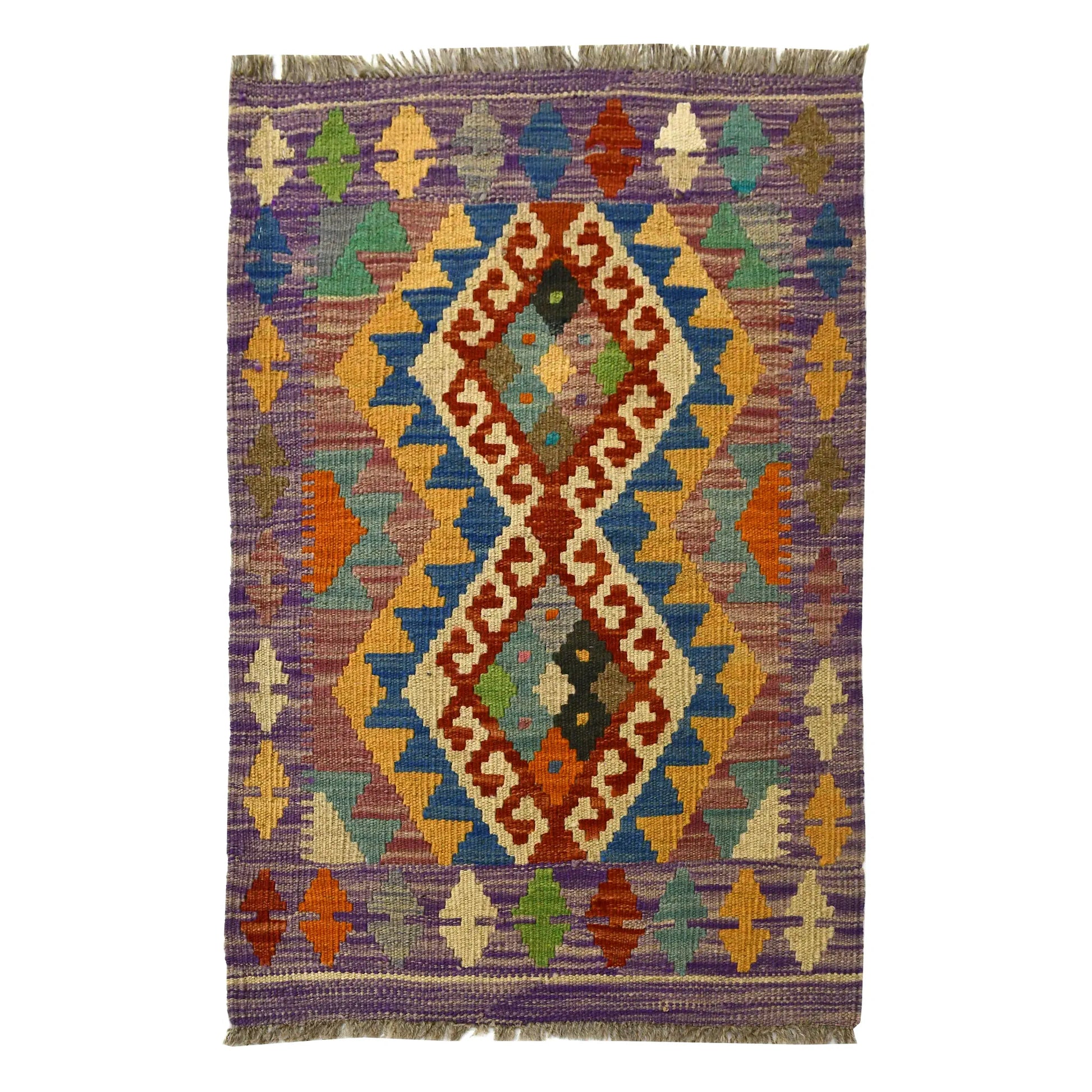 Afghan Chobi Kilim wool rug 88 x 59 cm full view with mauve field, ivory double diamond panel and fringe