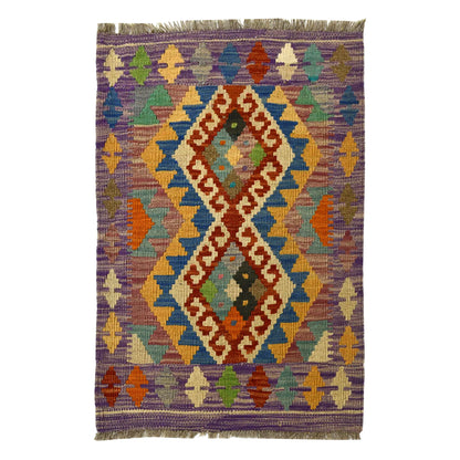 Afghan Chobi Kilim wool rug 88 x 59 cm full view with mauve field, ivory double diamond panel and fringe