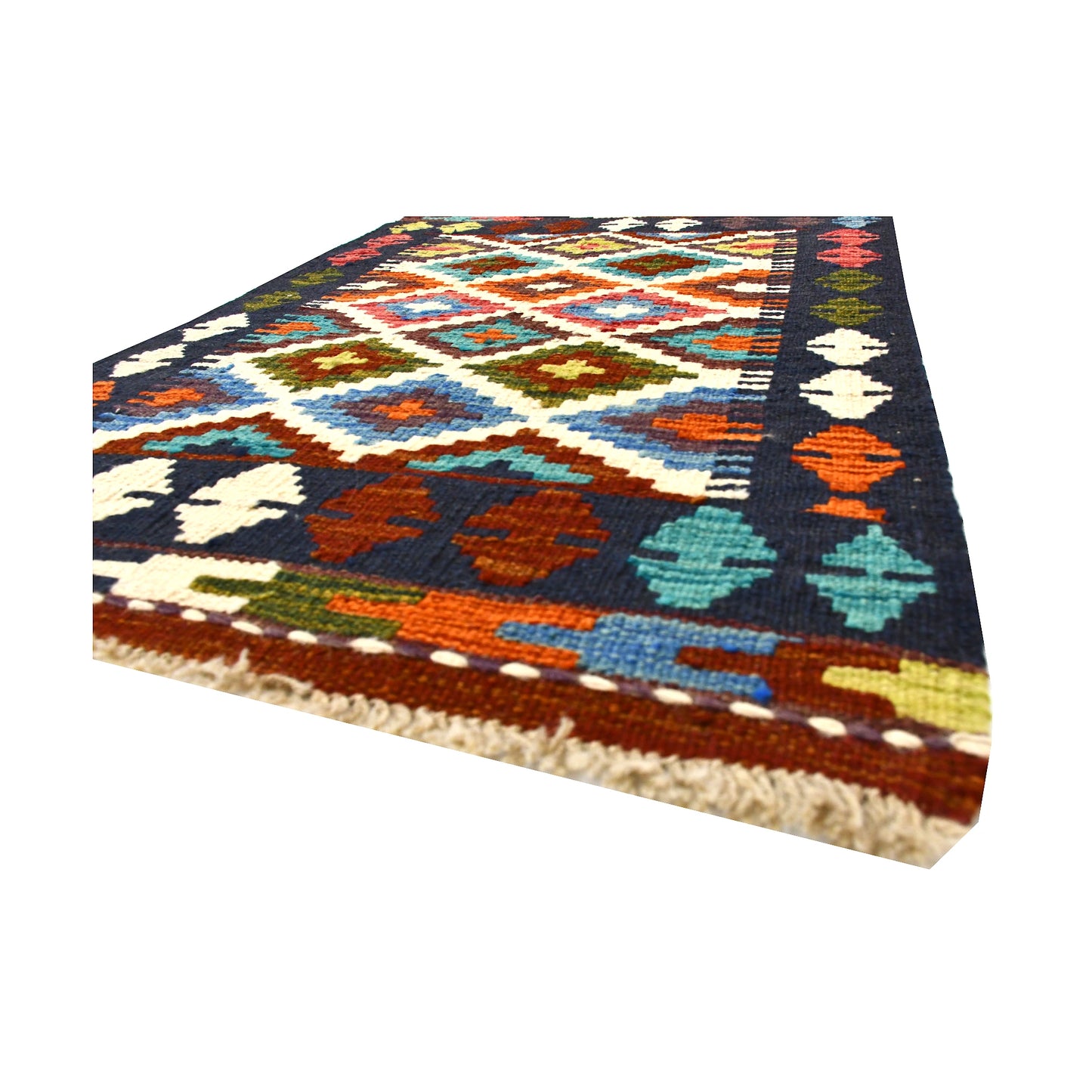 Angled fringe and flatweave detail of Afghan Chobi Kilim wool rug showing dark border, ivory lattice and colourful geometric pattern