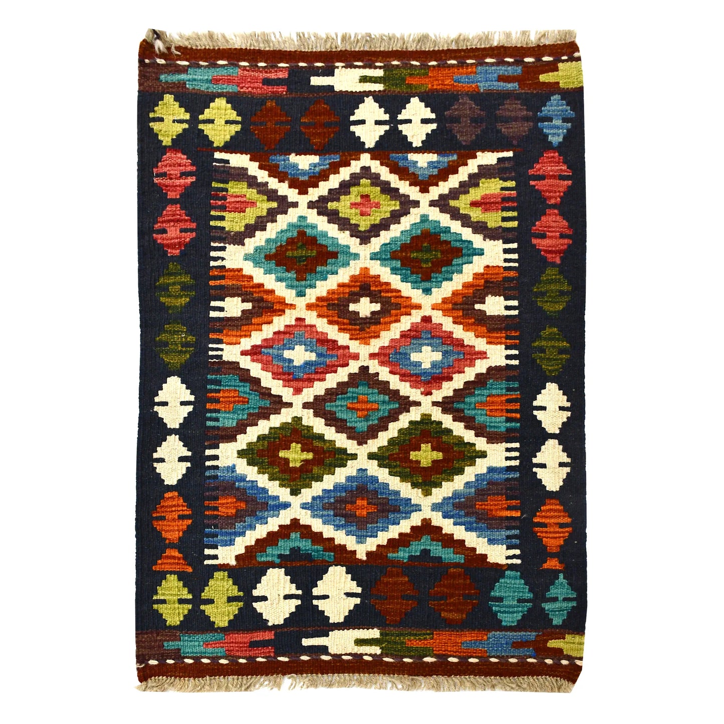 Afghan Chobi Kilim wool rug 88 x 60 cm full view with dark border, ivory diamond lattice and multicolour motifs