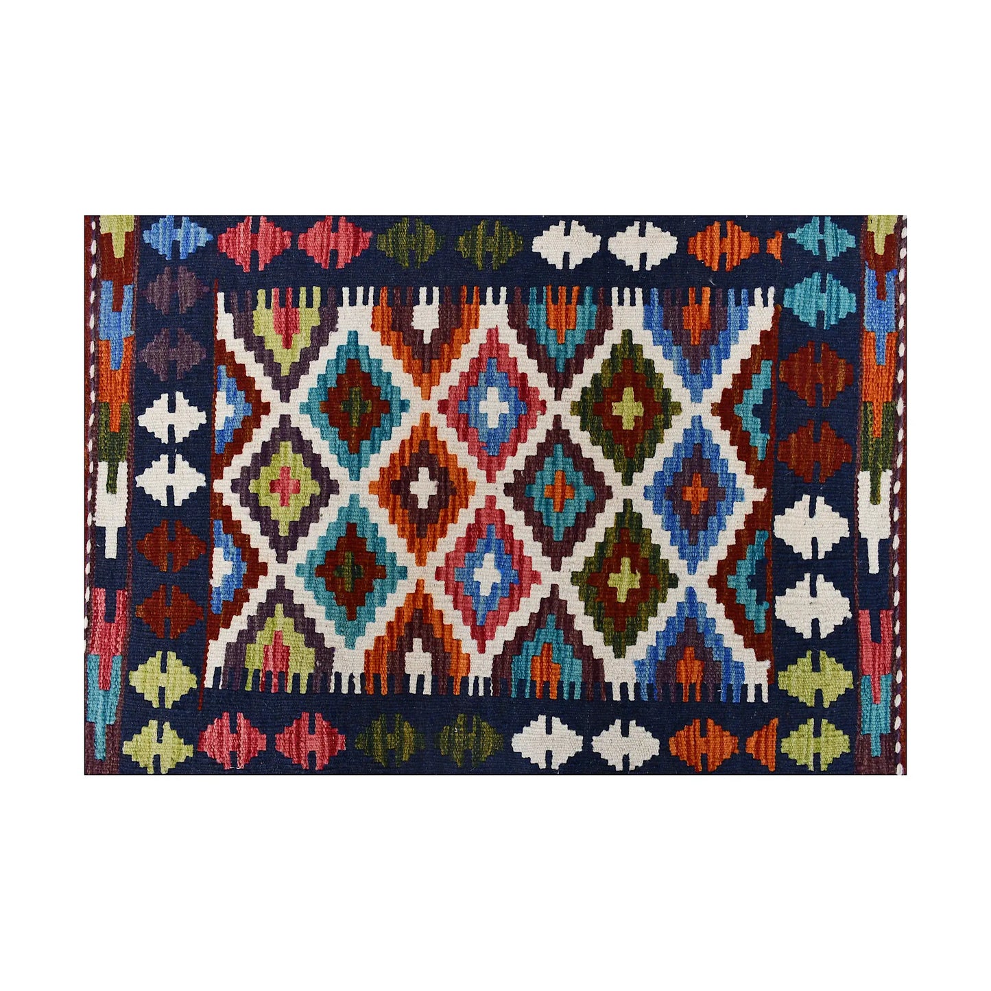 Close-up of Afghan Chobi Kilim wool rug showing ivory diamond lattice with teal, rust, blue, olive and mustard motifs