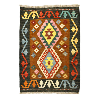 Afghan Chobi Kilim wool rug 88 x 68 cm full view with charcoal border, rust brown field and twin diamond panel