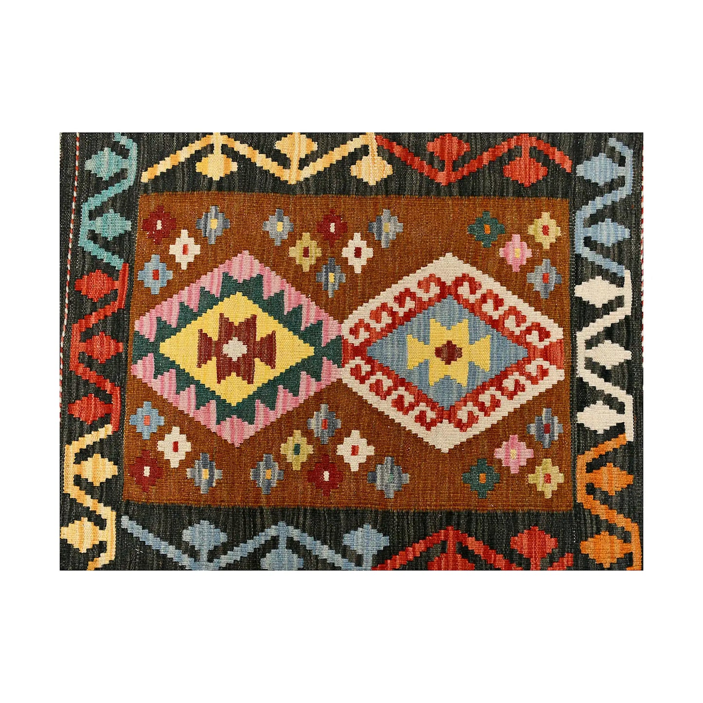 Close-up of Afghan Chobi Kilim wool rug showing charcoal border, twin diamond medallions and multicolour tribal motifs