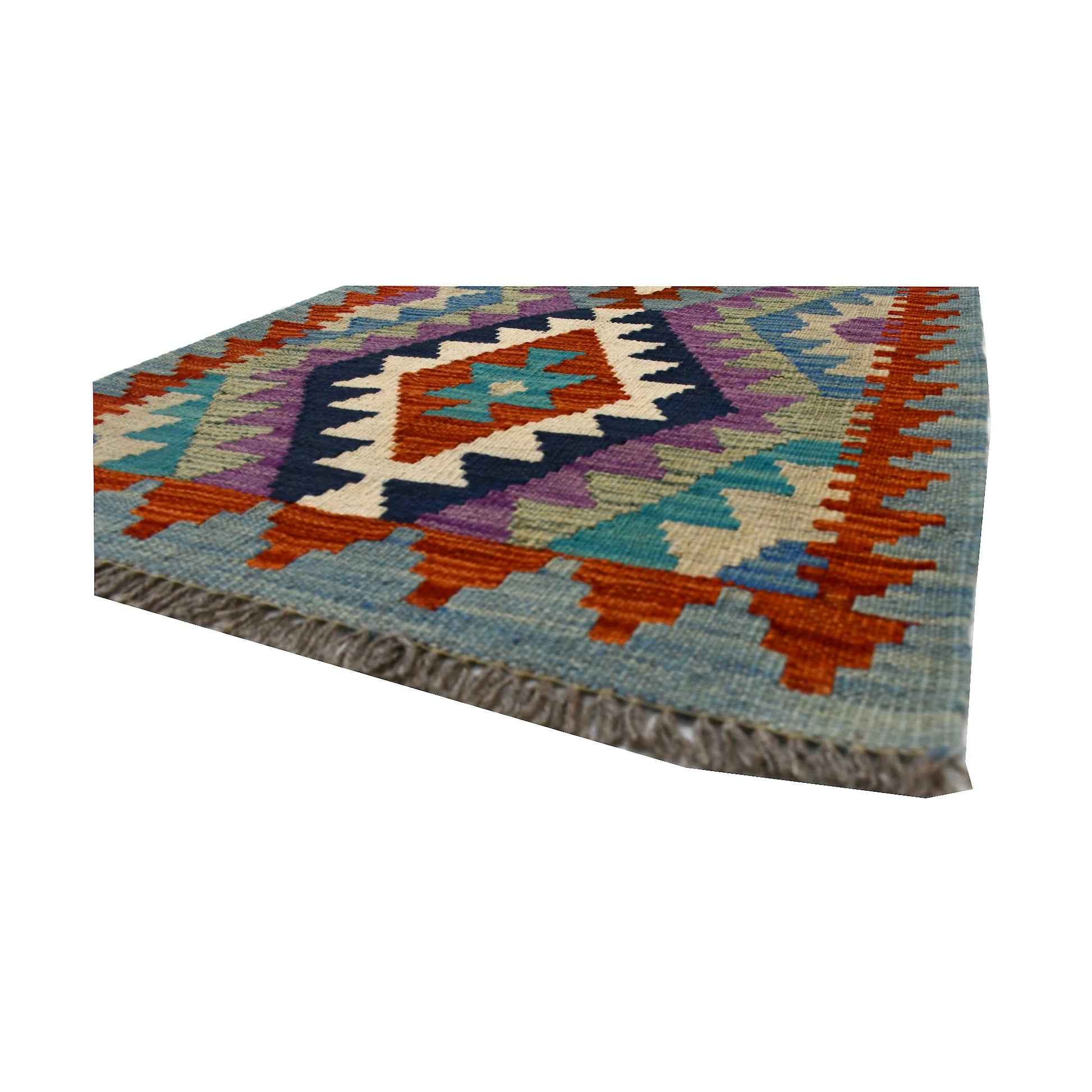 Angled fringe and flatweave detail of Afghan Chobi Kilim wool rug showing pastel aqua, rust, lilac and ivory geometry