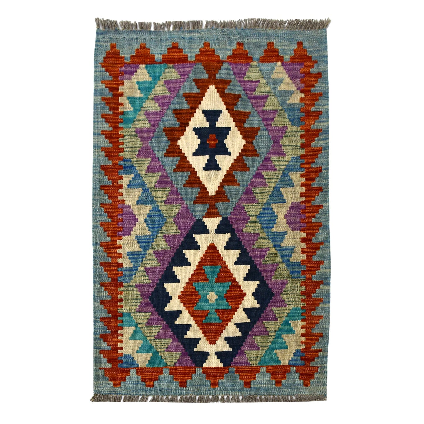 Afghan Chobi Kilim wool rug 90 x 56 cm full view with pastel aqua twin diamond panel, rust accents and fringe