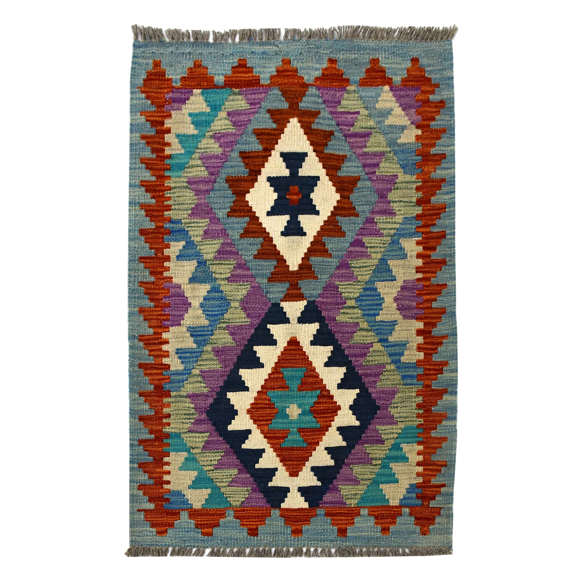 Afghan Chobi Kilim wool rug 90 x 56 cm full view with pastel aqua twin diamond panel, rust accents and fringe
