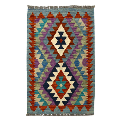 Afghan Chobi Kilim wool rug 90 x 56 cm full view with pastel aqua twin diamond panel, rust accents and fringe