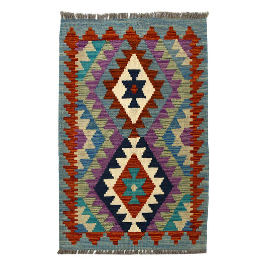 Afghan Chobi Kilim wool rug 90 x 56 cm full view with pastel aqua twin diamond panel, rust accents and fringe