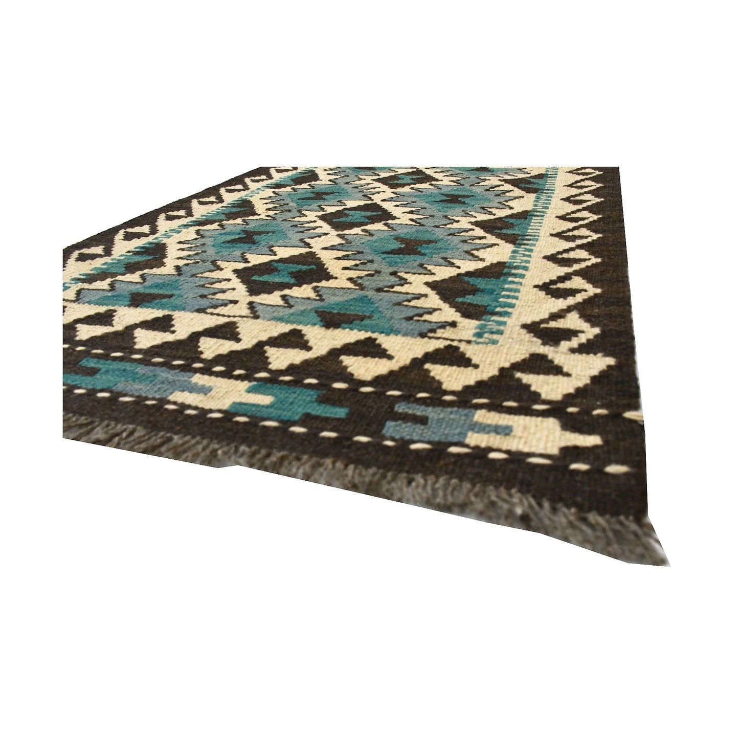 Angled fringe and flatweave detail of Afghan Chobi Kilim wool rug showing turquoise, ivory, black and beige geometric pattern