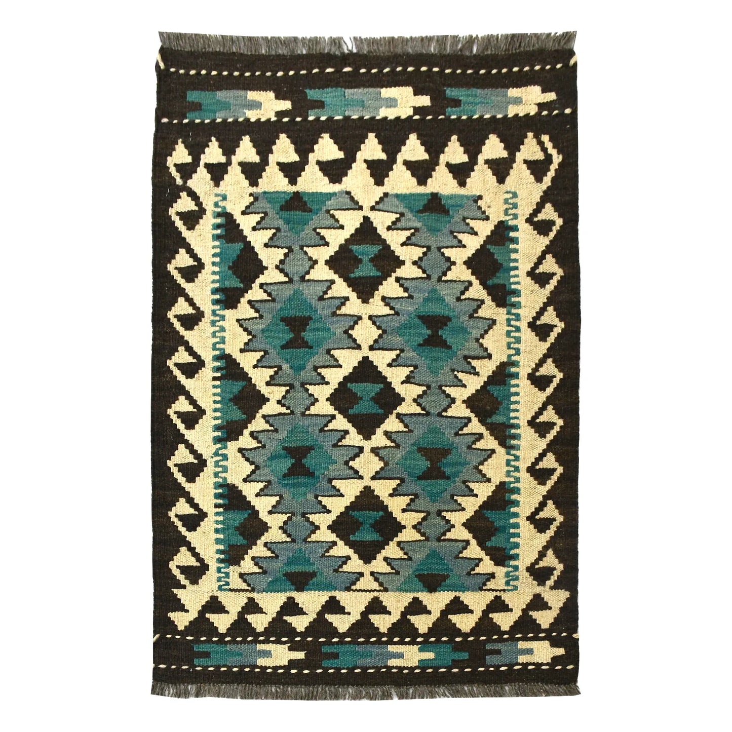 Afghan Chobi Kilim wool rug 90 x 63 cm full view with turquoise diamond lattice, ivory ground and dark border