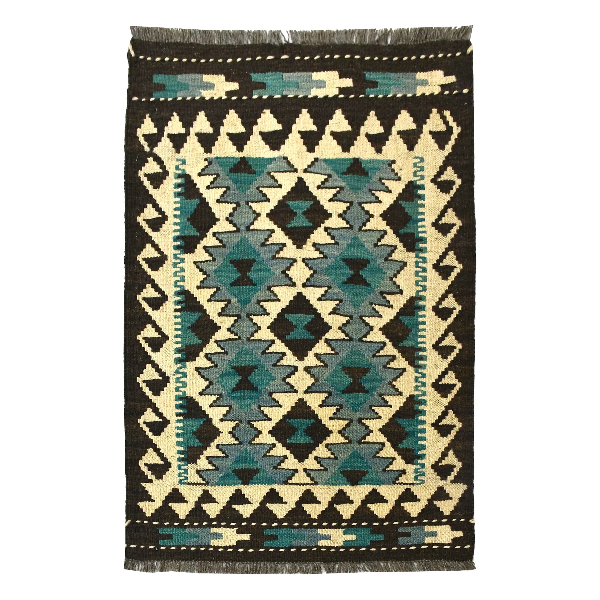 Afghan Chobi Kilim wool rug 90 x 63 cm full view with turquoise diamond lattice, ivory ground and dark border