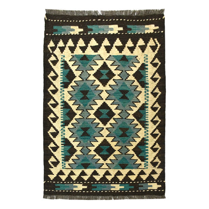 Afghan Chobi Kilim wool rug 90 x 63 cm full view with turquoise diamond lattice, ivory ground and dark border