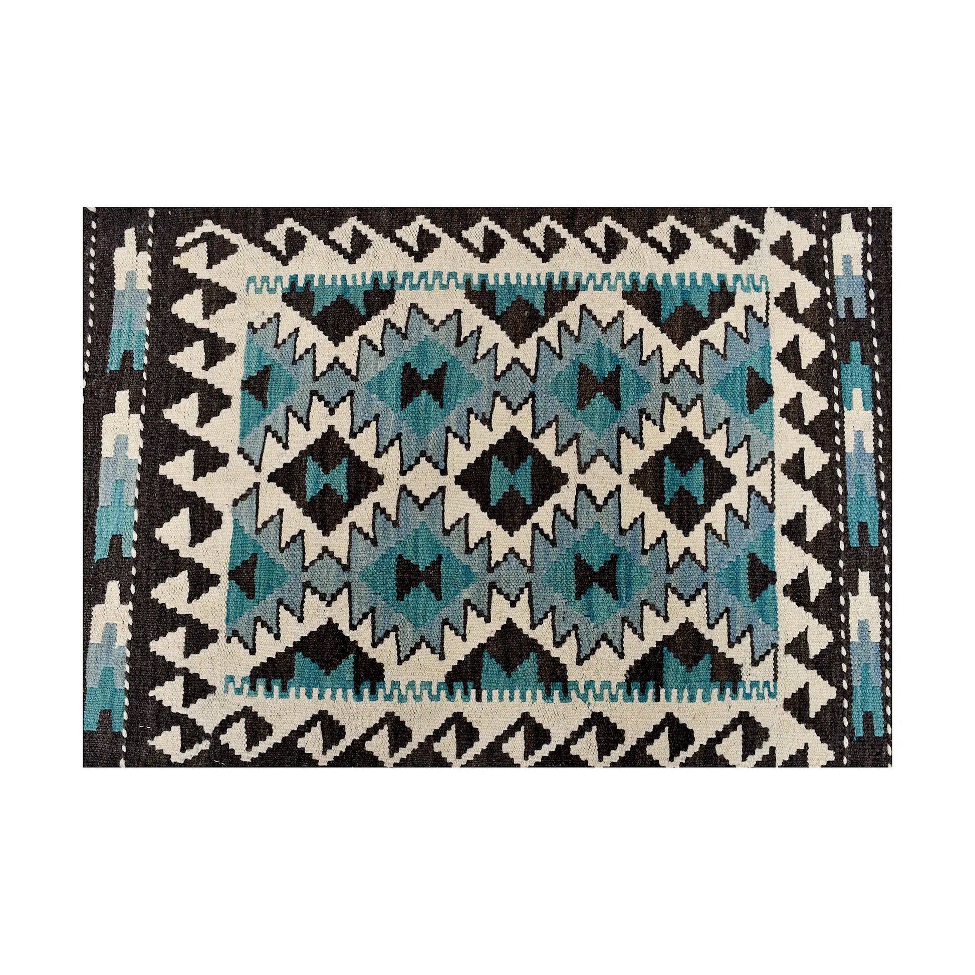 Close-up of Afghan Chobi Kilim wool rug showing turquoise diamond lattice with ivory ground and dark tribal border