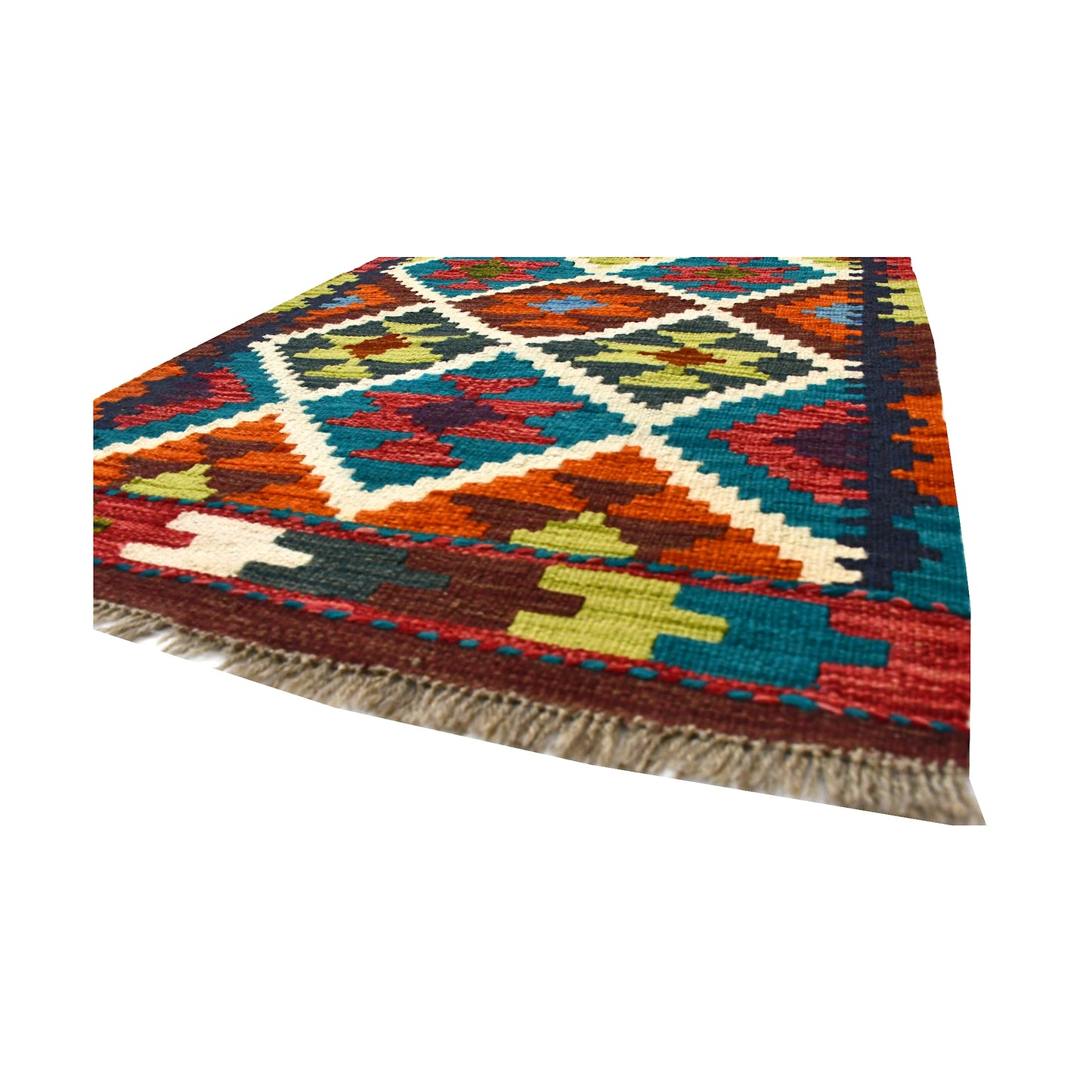 Angled fringe and flatweave detail of Afghan Chobi Kilim wool rug showing teal, rust, mustard and ivory geometric pattern