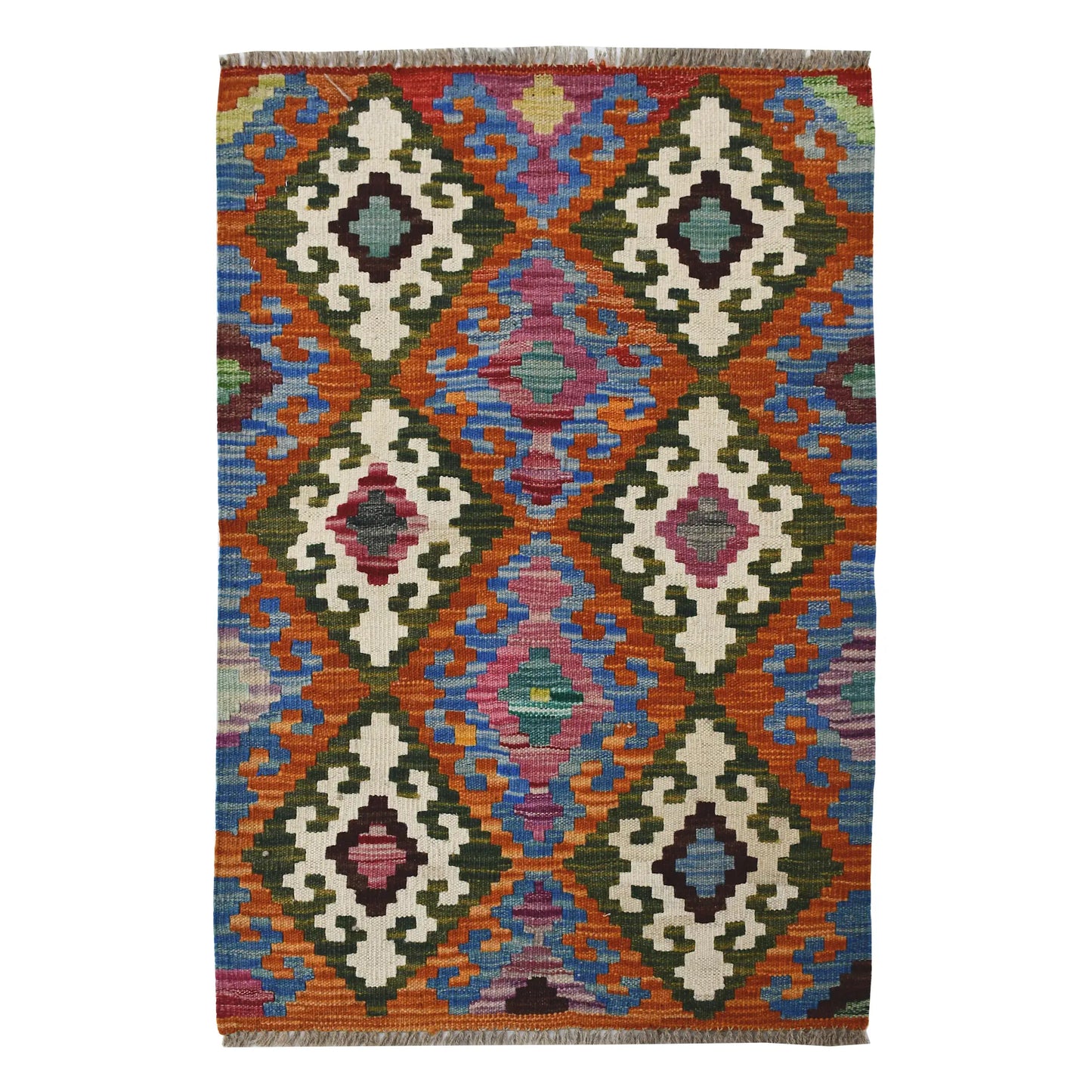 Afghan Chobi Kilim wool rug 91 x 61 cm full view with colourful diamond lattice pattern, ivory motifs and fringe