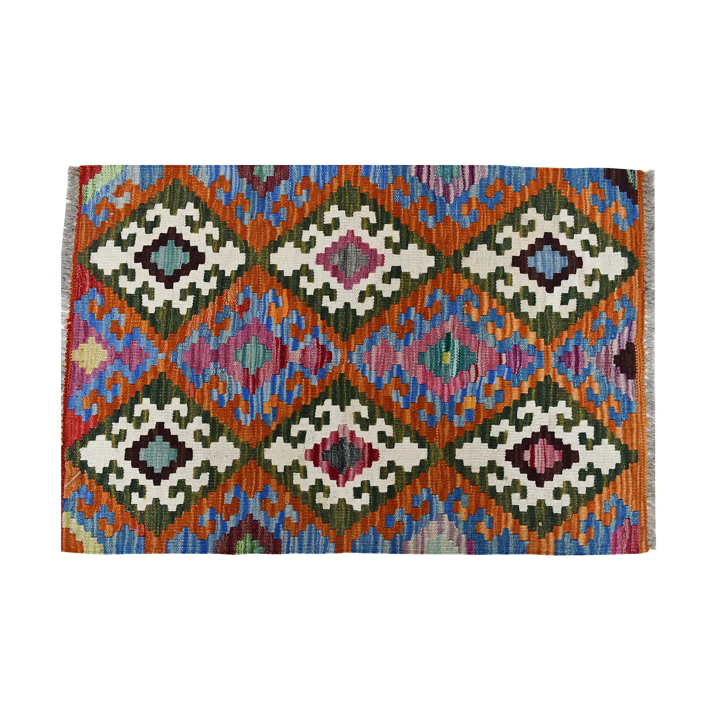 Close-up of Afghan Chobi Kilim wool rug showing colourful diamond lattice pattern with ivory, orange, blue and green details