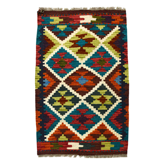Afghan Chobi Kilim wool rug 91 x 61 cm full view with ivory lattice diamond panel, teal field and fringe