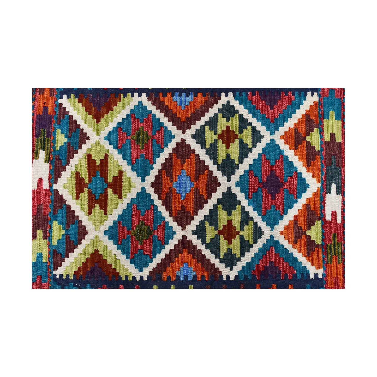 Close-up of Afghan Chobi Kilim wool rug showing ivory lattice diamond panel with teal, rust, mustard and burgundy motifs