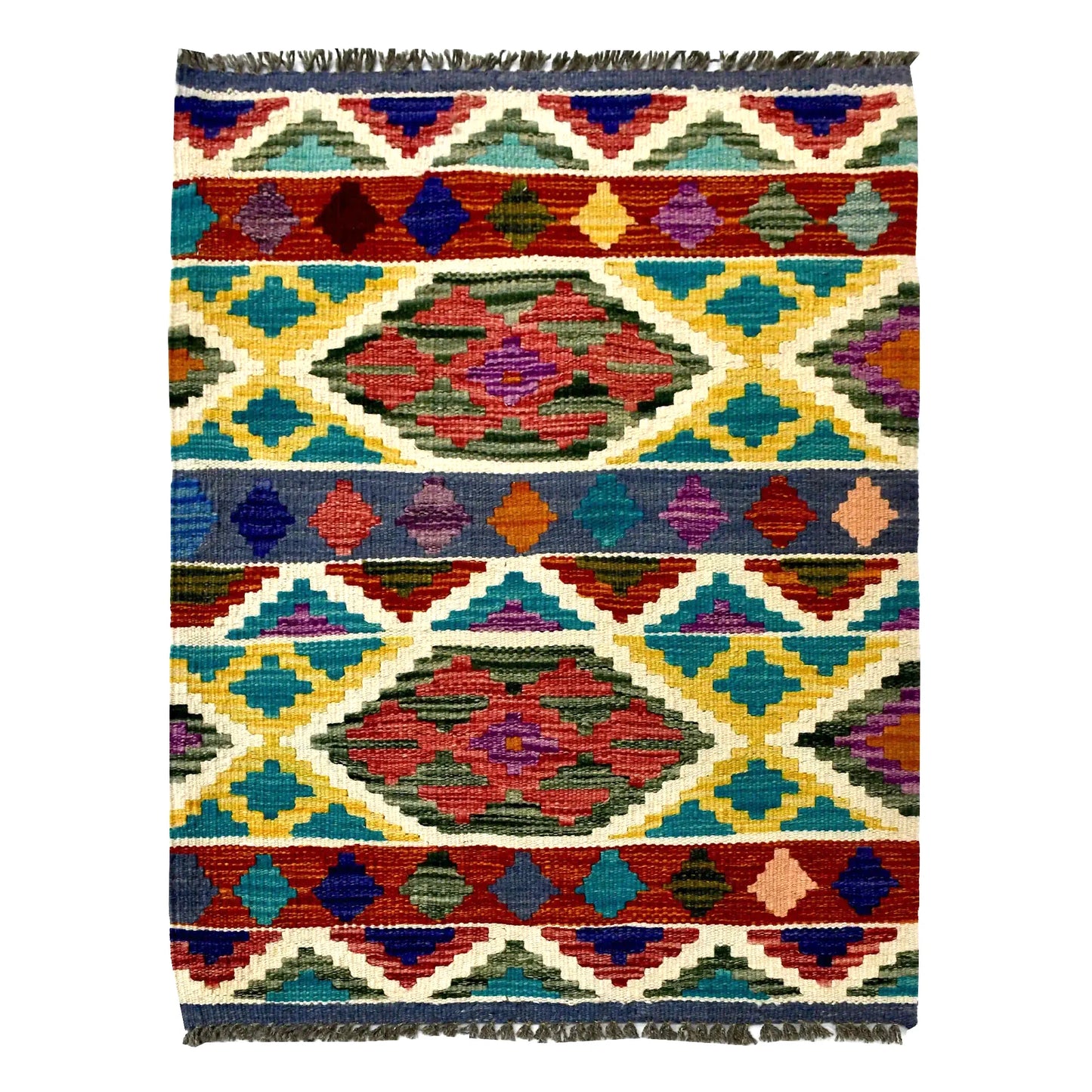 Afghan Chobi Kilim wool rug 92 x 64 cm full view with teal ivory diamond lattice, rust motifs and fringe