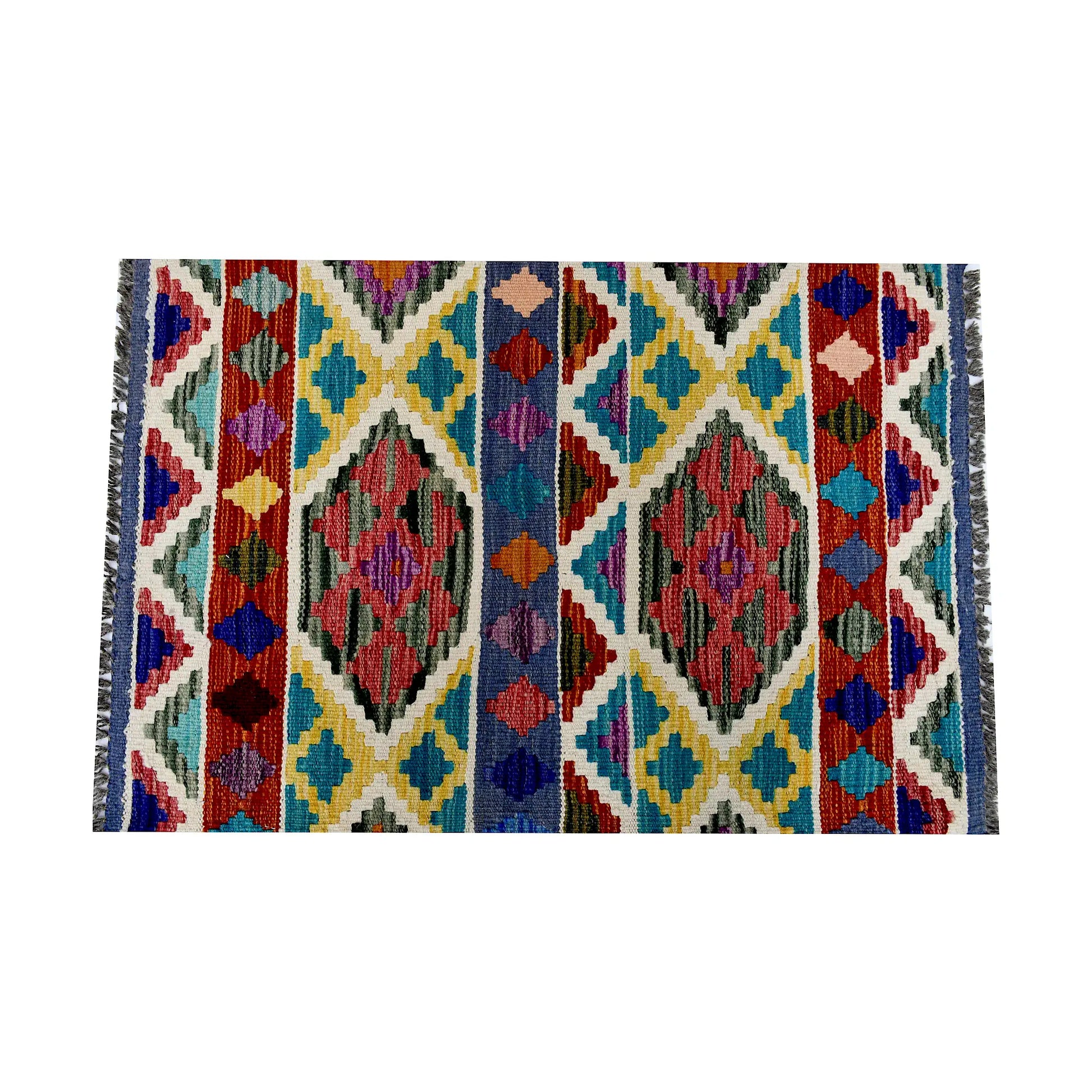 Close-up of Afghan Chobi Kilim wool rug showing teal ivory diamond lattice with rust, yellow and blue tribal motifs