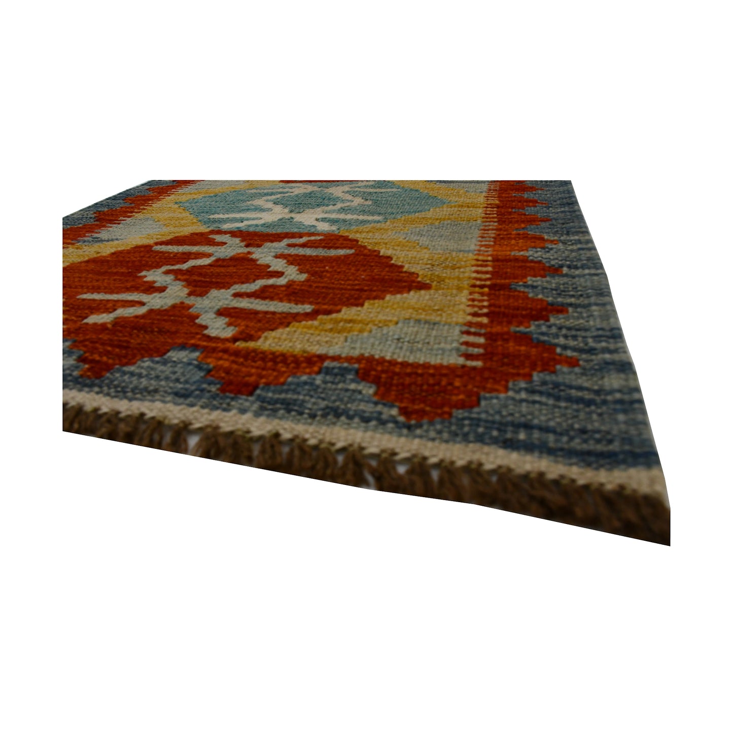 Angled fringe and flatweave detail of Afghan Chobi Kilim wool rug showing blue, rust, beige and orange geometric pattern