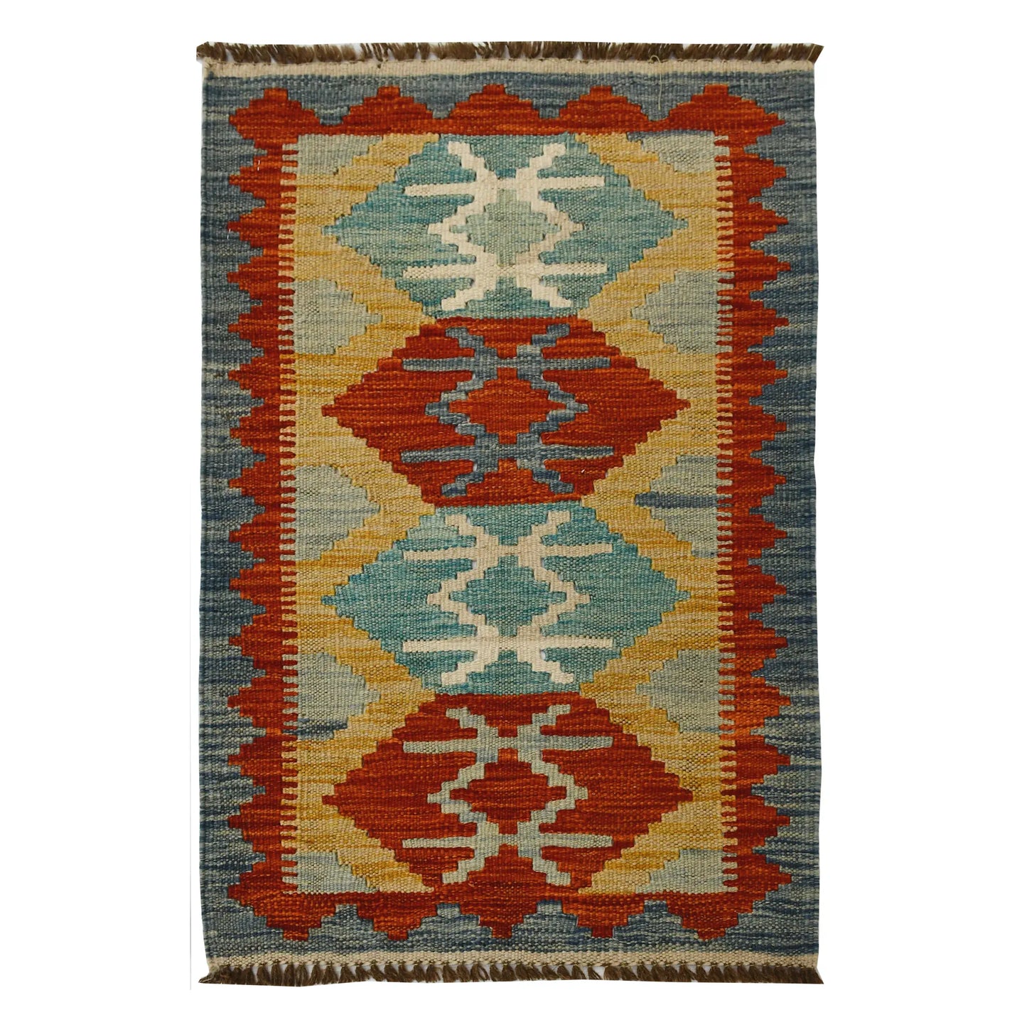 Afghan Chobi Kilim wool rug 93 x 58 cm full view with blue and rust diamond panel, ivory ground and fringe