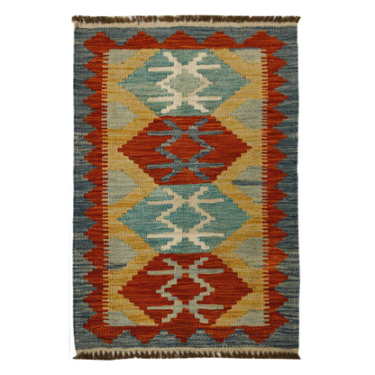 Afghan Chobi Kilim wool rug 93 x 58 cm full view with blue and rust diamond panel, ivory ground and fringe