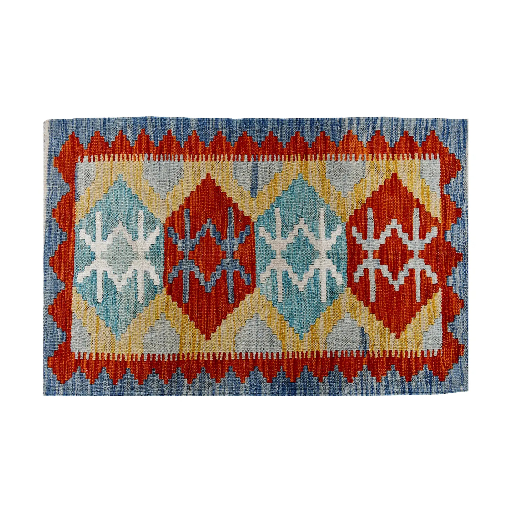 Close-up of Afghan Chobi Kilim wool rug showing blue and rust-red diamond motifs with ivory tribal details