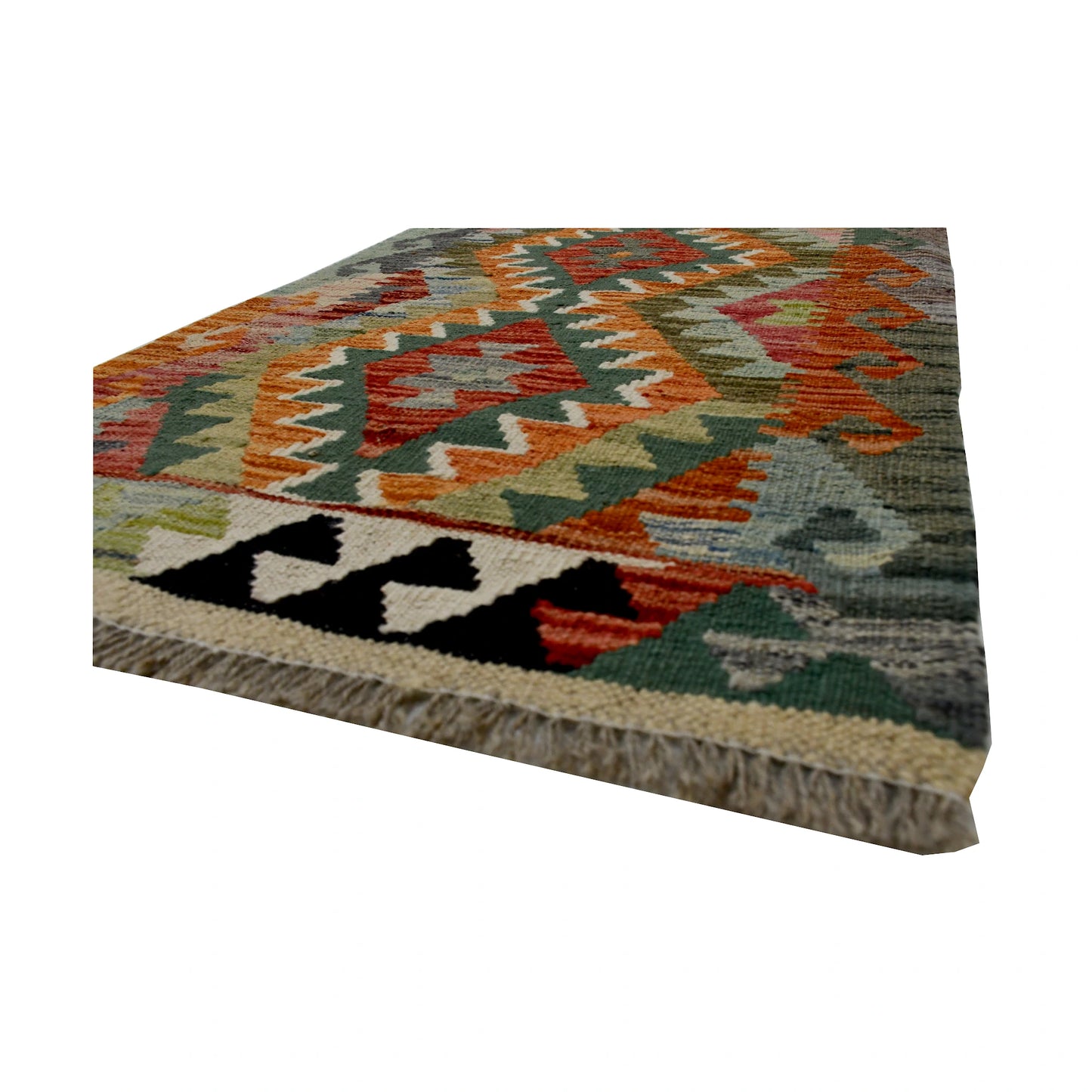 Angled fringe and flatweave detail of Afghan Chobi Kilim wool rug showing sage, orange, ivory and black geometric pattern