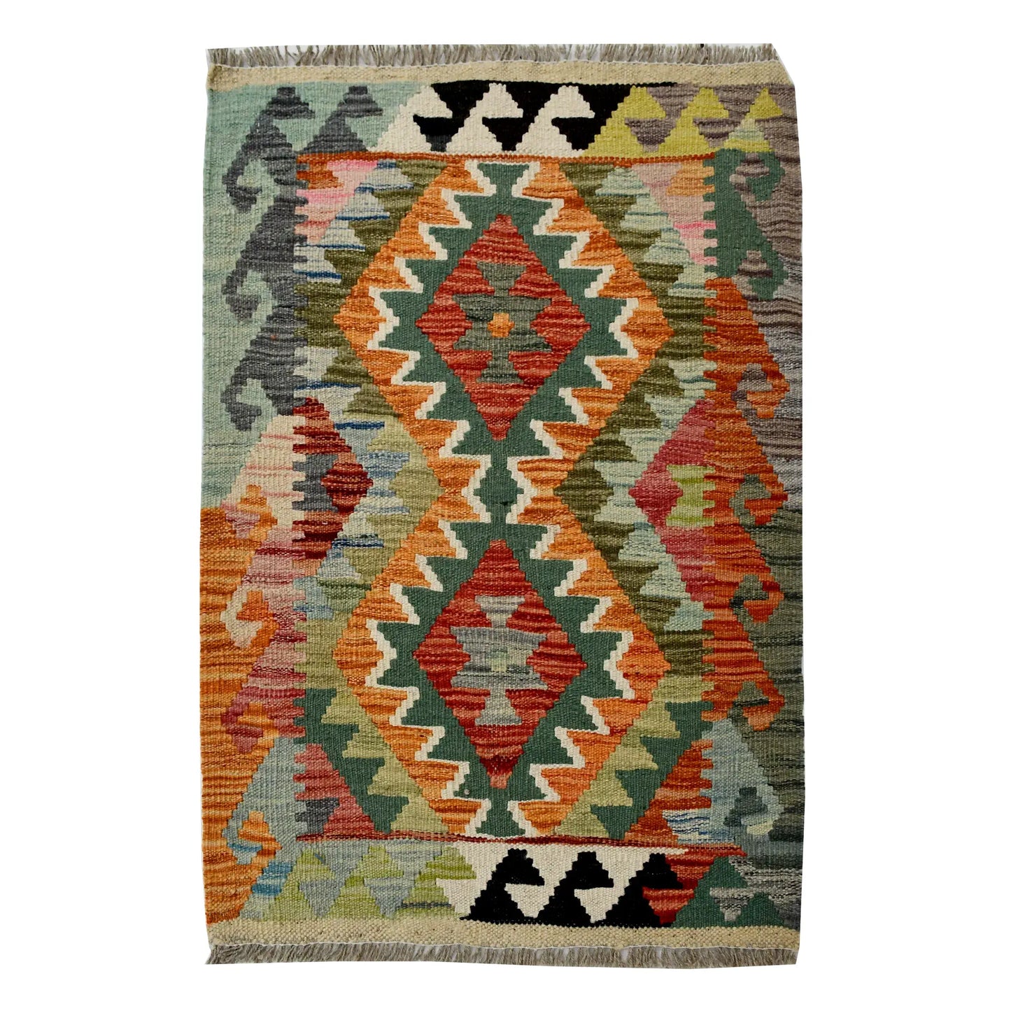 Afghan Chobi Kilim wool rug 93 x 61 cm full view with sage ground, orange twin diamond panel and fringe