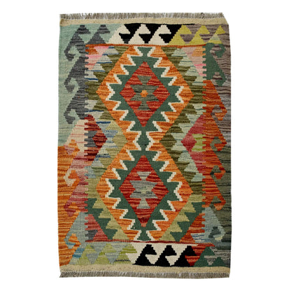 Afghan Chobi Kilim wool rug 93 x 61 cm full view with sage ground, orange twin diamond panel and fringe